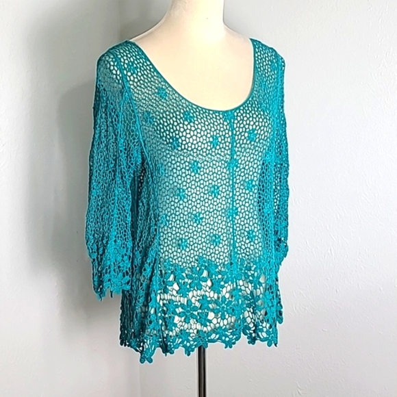 LeDor Teal Embroidered Lace Top with Flowers, Size Medium - Picture 2 of 7